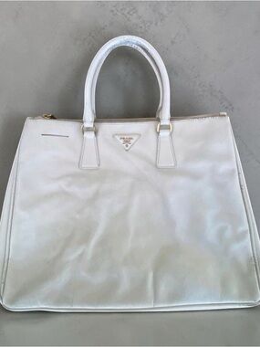 Prada White Saffiano Satchel with Gold-Tone Logo
